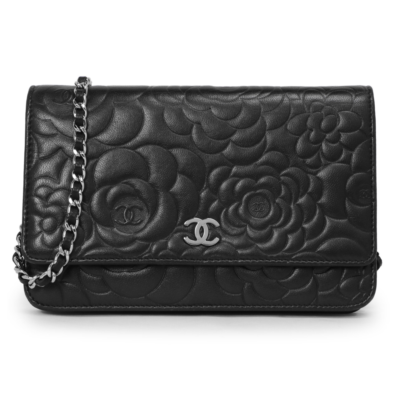 Chanel Black Lambskin Camellia Embossed Wallet on Chain WOC - modaselle