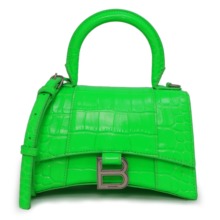 Balenciaga Neon Green Crocodile Embossed Hourglass Top Handle Bag XS