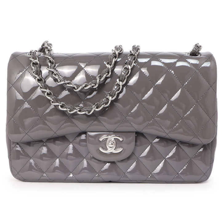 Chanel Grey Quilted Patent Jumbo Classic  Double Flap