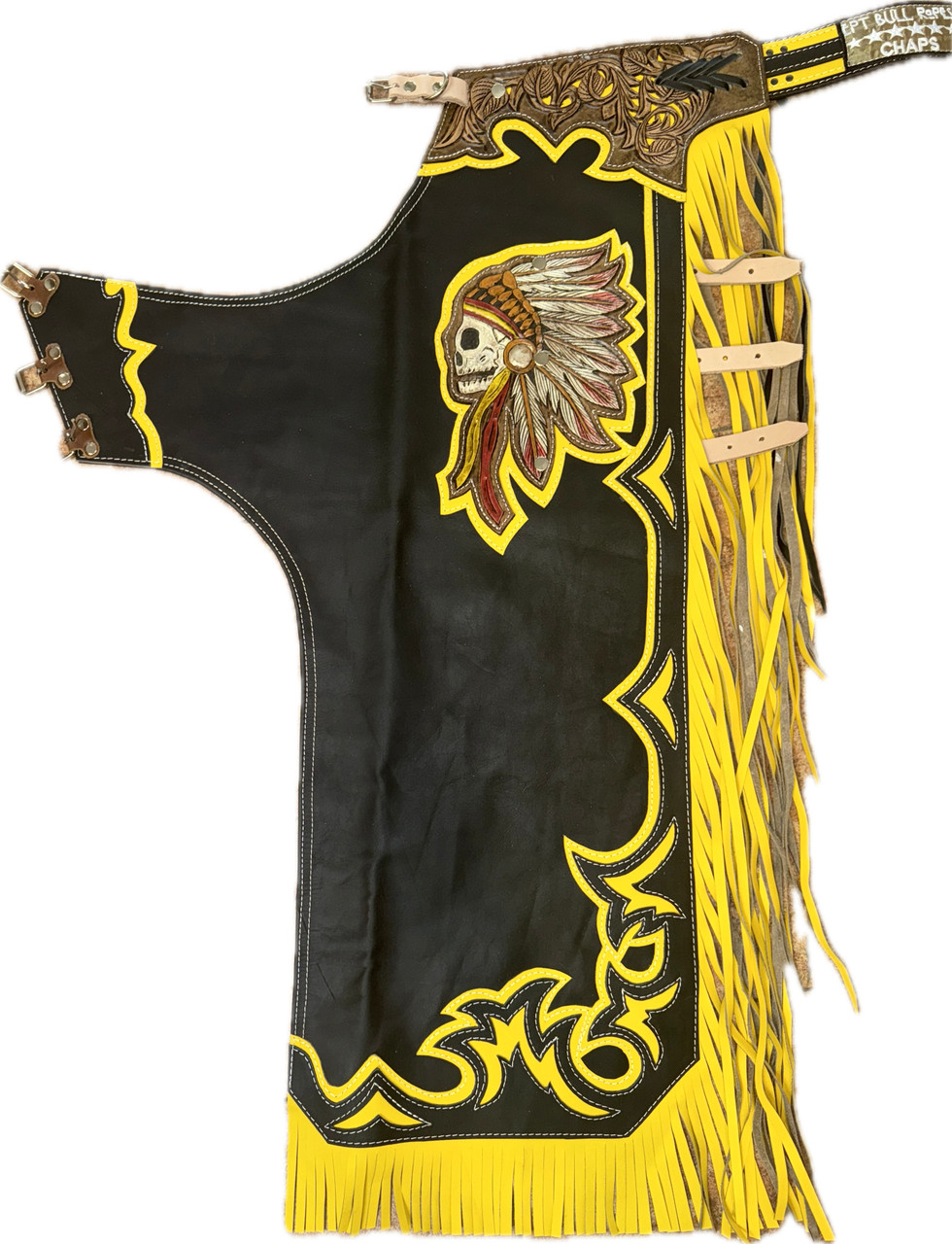 Adult Bull Riding Chaps Black/Yellow with Skeleton Chief
