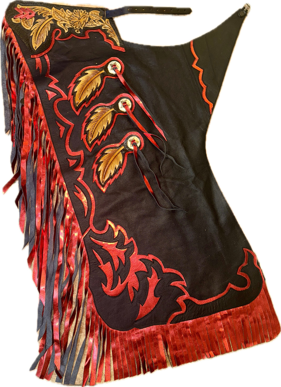 Black and Red Bull Riding Chaps Red Fringe 35–40 in