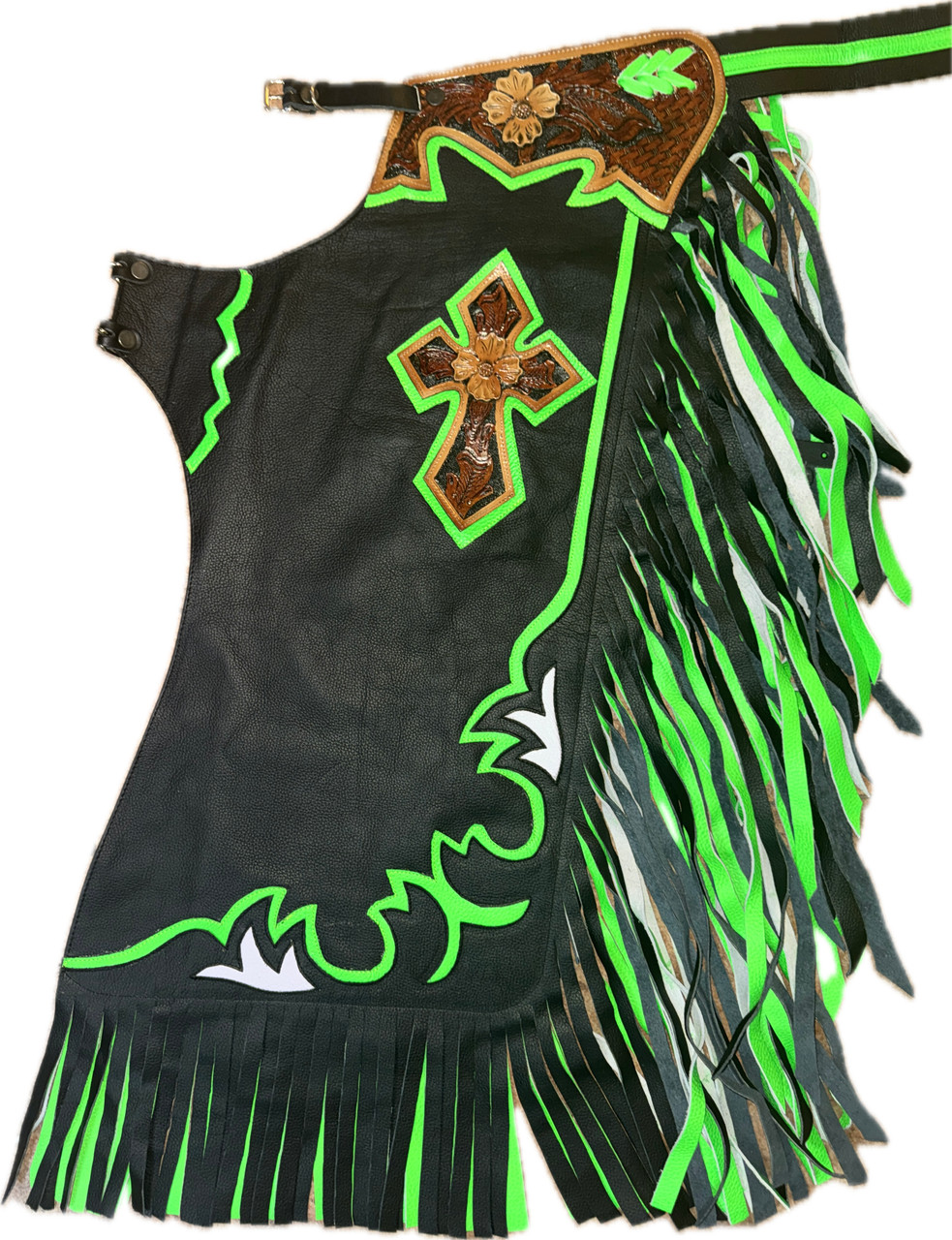 Adult Bull Riding Chaps Black & Green w Cross Bull Riding Rodeo Chaps 29"-34" Waist / 32" Height