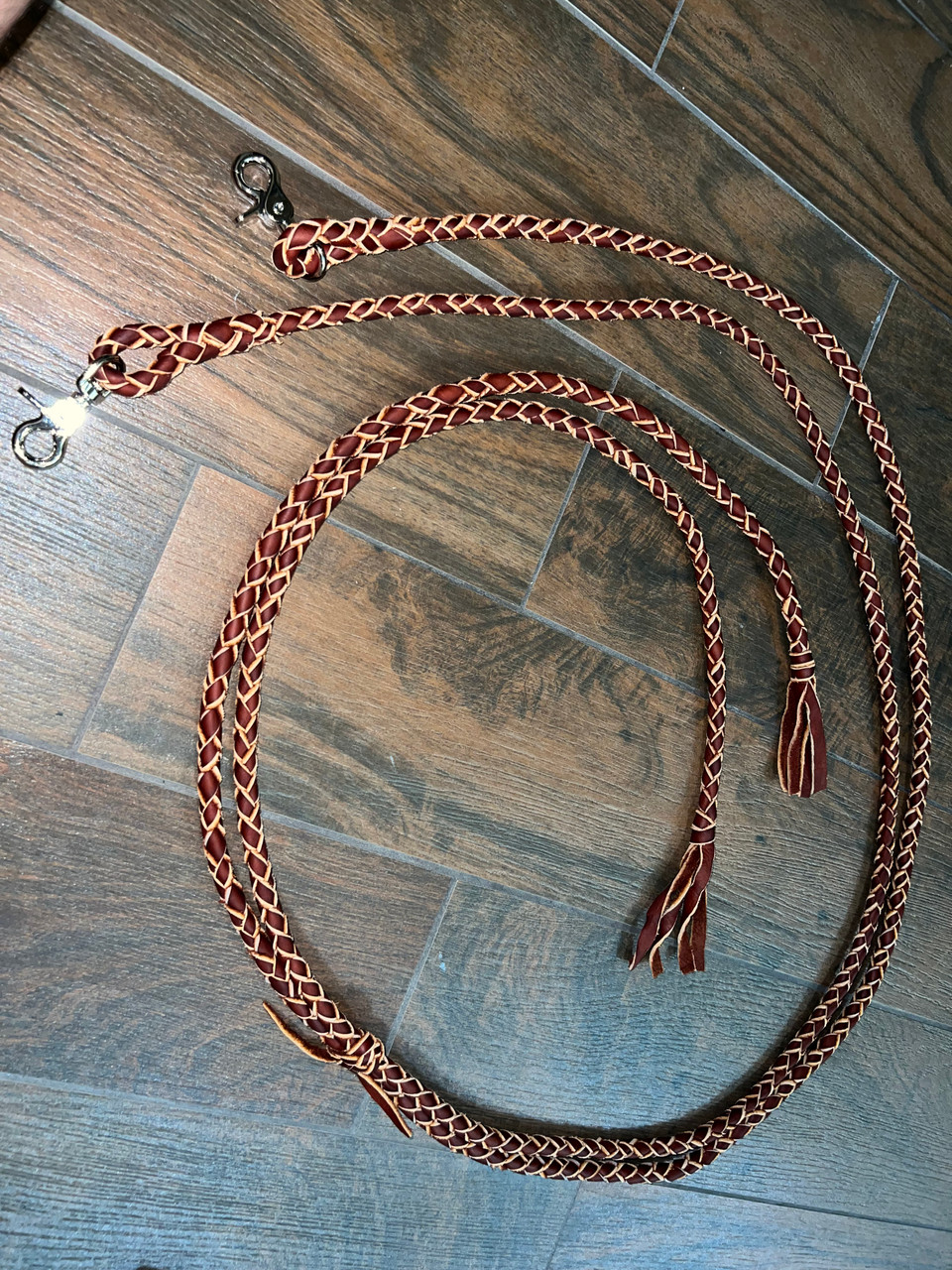 Leather Rope Bronc Rein Split 7ft - 4 Ply Bourbon Colored - Trigger Snap