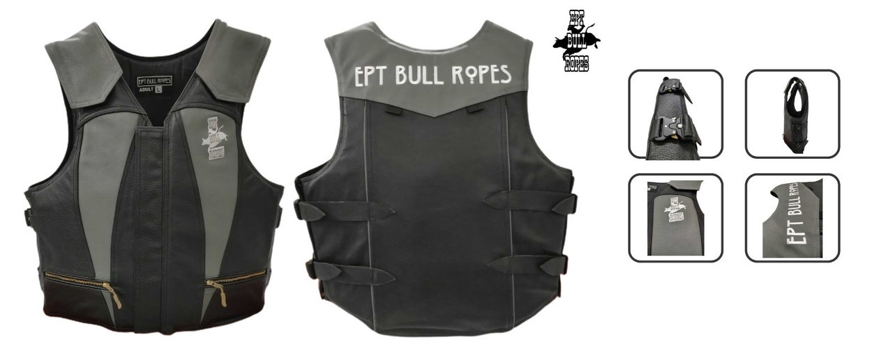 Premium Leather Bull Riding Vest - Black/Grey - Adult Small