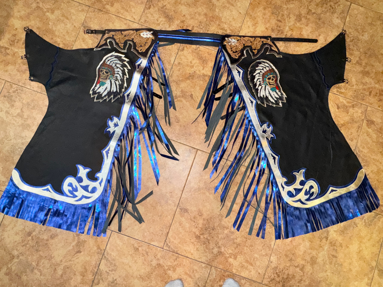 Adult Bull Riding Chaps - Black & Blue Skeleton Chief Design