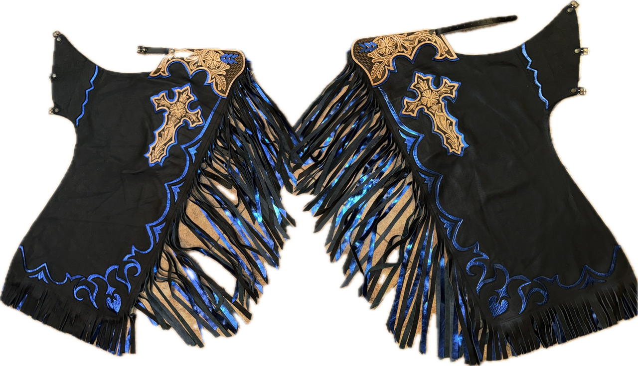Adult Bull Riding Chaps Black & Blue Large Crosses Design Bull Riding Rodeo Chaps 36"-40" Waist / 39" Height