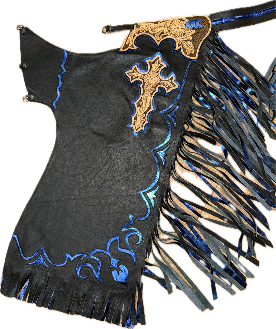 Adult Bull Riding Chaps Black/Blue with Large Crosses
