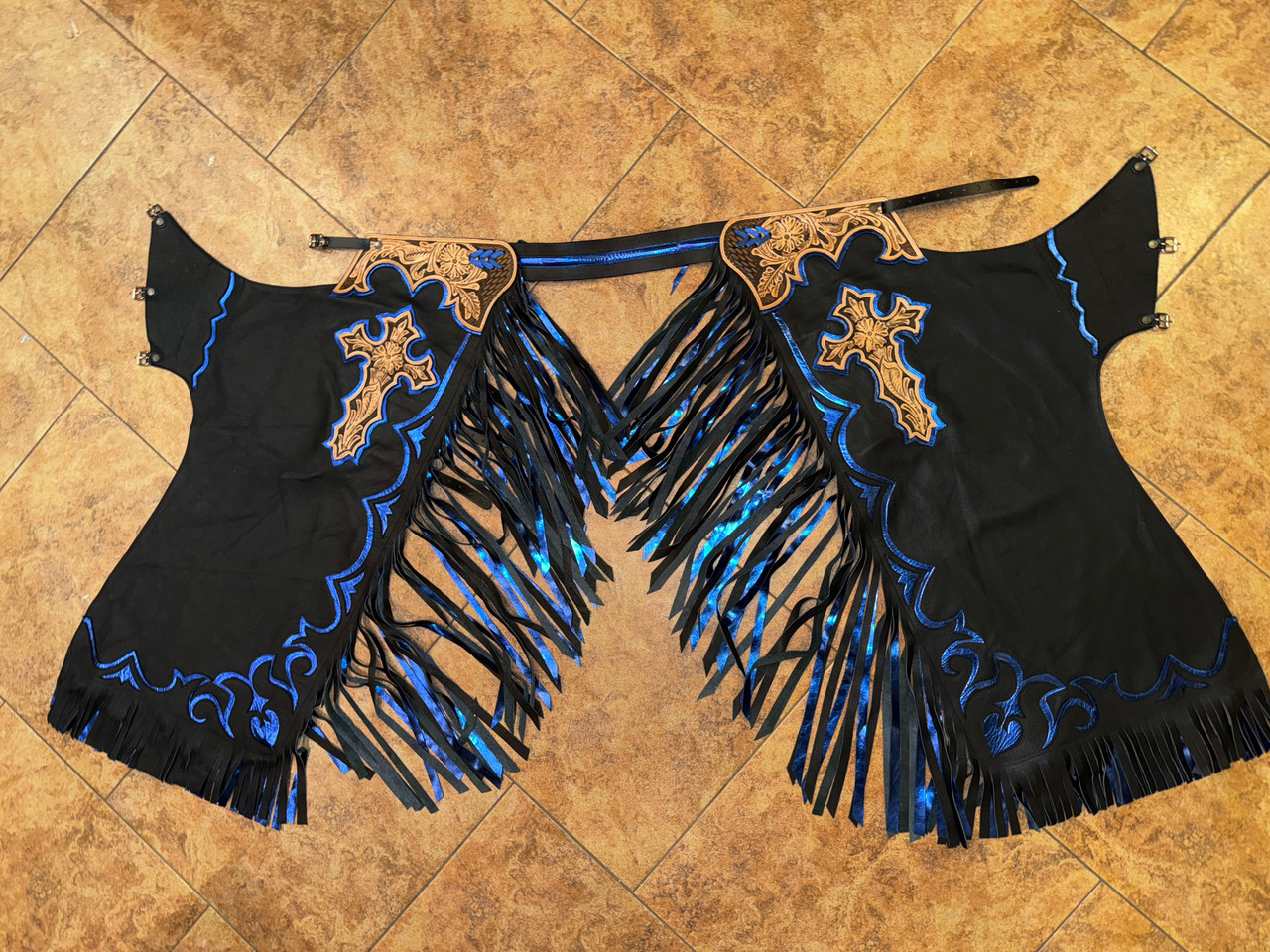 Adult Bull Riding Chaps Black/Blue with Large Crosses