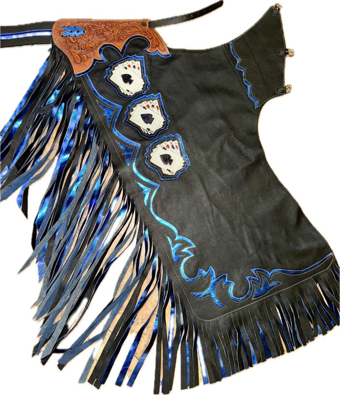 Bull Riding Chaps Black/Blue with Silver Trim & Aces