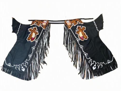 Adult Bull Riding Chaps Black & White Feather Cross Design Bull Riding Rodeo Chaps