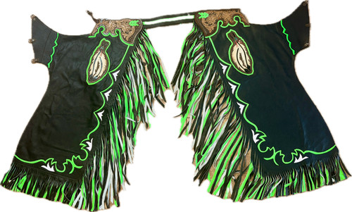 Adult Bull Riding Chaps Black & Green w Feathers Design Bull Riding Rodeo Chaps 35"-40" Waist / 41" Height
