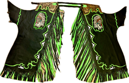 Adult Bull Riding Chaps Black & Green w White Feather Skull Chief Design Bull Riding Rodeo Chaps 35"-40" Waist / 41" Height