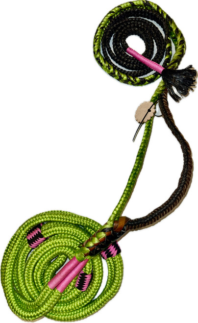 Green Double Braid body on Black Poly Tail - American Jr Bull Ropes 7x9 RH 3/4" x 3/4" Half Lace-Half Skip 15'