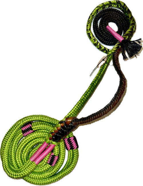 Green Double Braid body on Black Poly Tail - American Jr Bull Ropes 7x9 RH 3/4" x 3/4" Half Lace-Half Skip 15'