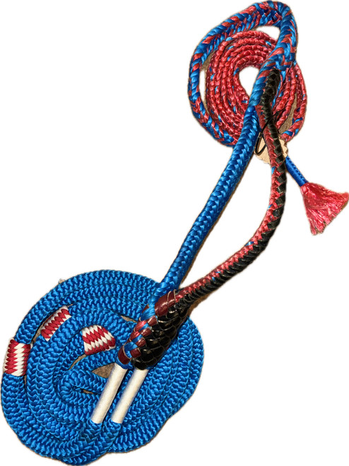 Blue Double Braid body on Red Poly Tail - American Jr Bull Ropes 9x7 LH 3/4" x 3/4" Half Lace-Half Skip 14'