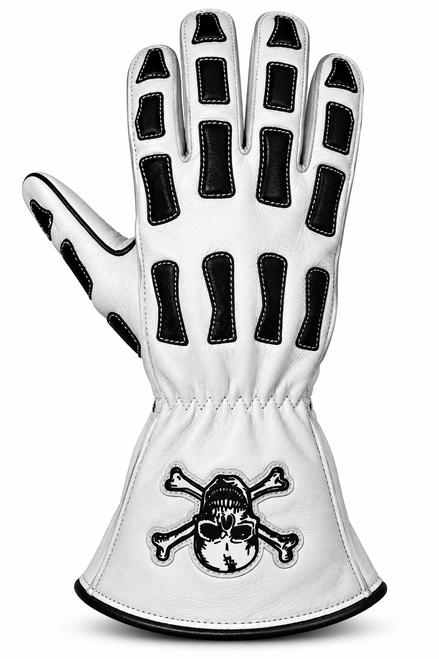 EPT Skull and Bones white deerskin left hand outer seam bull riding glove