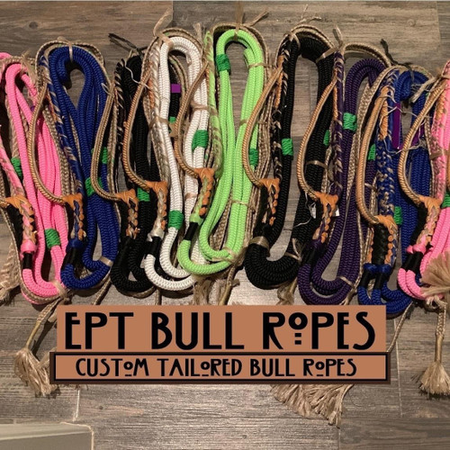 Main Rope Builder Image: “American Pro custom bull riding rope builder display showing braided handle and colored nylon body”