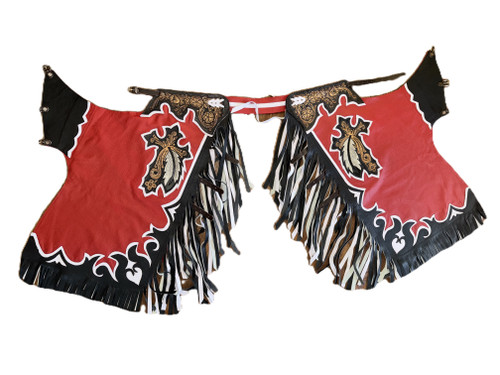 Youth & Adult Bull Riding Chaps Black & Red w Cross Feather Bull Riding Rodeo Chaps 33"-35" Waist / 33" Height