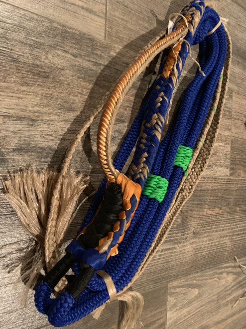 Royal Blue Nylon on Tan Poly Jr Pro 9/7 RH EPT Bull Rope - Bull riding rodeo bull rider