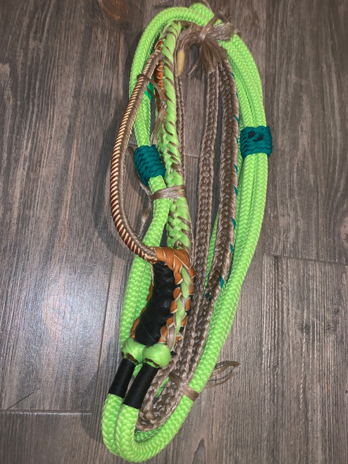 Lime Green Nylon on Tan Poly Jr Pro 9/7LH EPT Bull Rope JR - Bull Rider -  14'