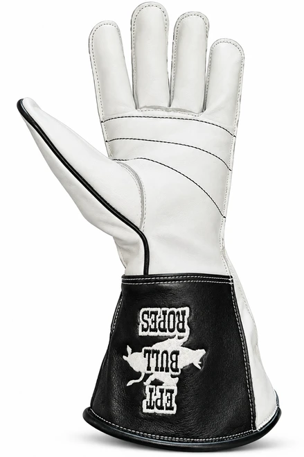 White w Black cuff bull riding glove EPT front side view