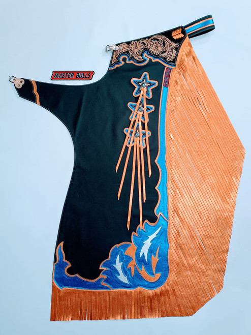Adult Bull Riding Chaps Blue & Black & Gold w Stars Top Grain Leather Bull Riding Rodeo Chaps 30"-35" Waist