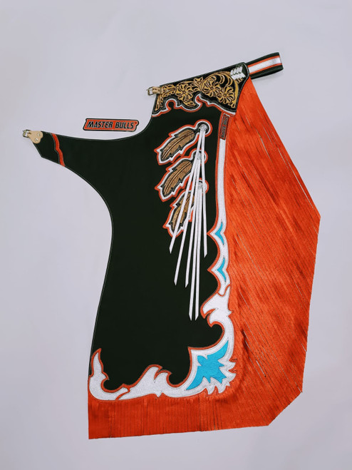Adult Bull Riding Chaps Black & Red w Feathers Top Grain Leather Bull Riding Rodeo Chaps 30"-35" Waist