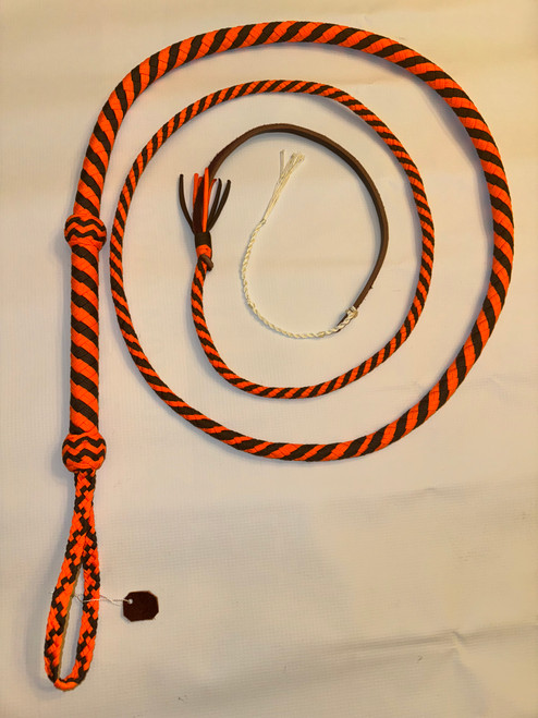 Bull Whip - Orange & Brown Paracord Nylon on Leather 16 Ply - 4ft Handmade