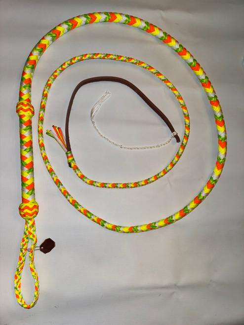 Bull Whip - Yellow & Orange & Green & White Mix Paracord Nylon on Leather 16 Ply -  5ft Handmade