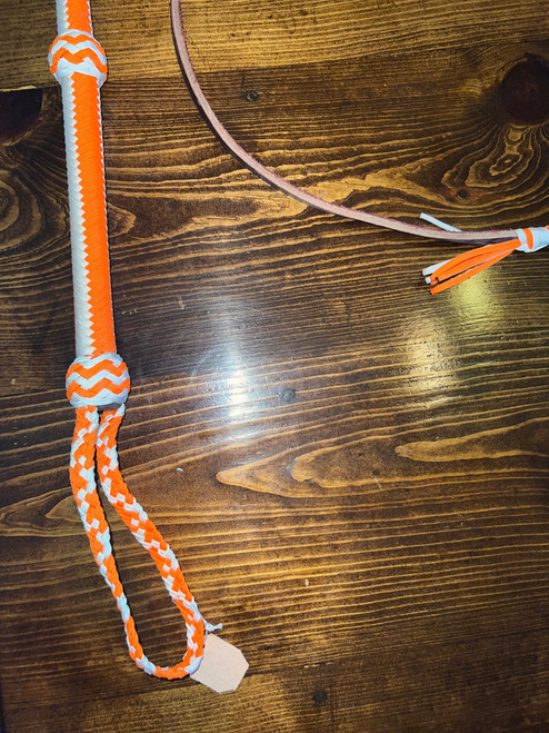 Bull Whip - Orange & White Paracord Nylon on Leather 16 Ply - 8ft Handmade