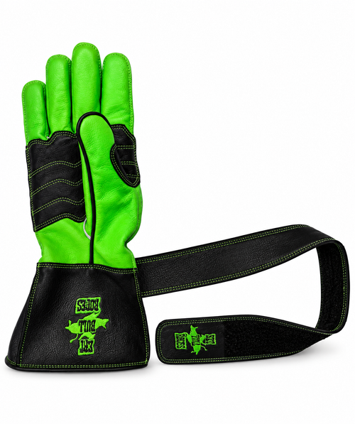 EPT black and green calf leather left hand outer seam bull riding glove with reinforced strap