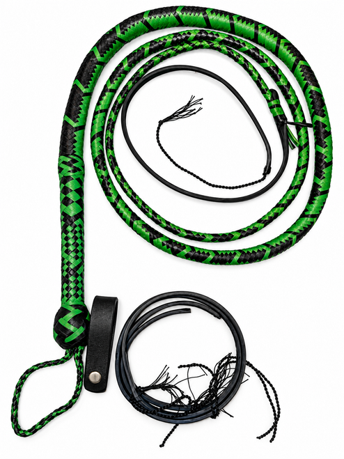 Green and black 16 ply handmade leather bull whip