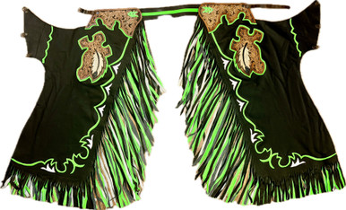 Adult Bull Riding Chaps Black & Green W Cross & Feathers Design Bull Riding Rodeo Chaps 36"-40" Waist / 41" Height Adult Bull Riding Chaps Black & Green W Cross & Feathers Design Bull Riding Rodeo Chaps 36"-40" Waist / 41" Height