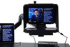 Desktop Arm Model Teleprompter Flex Plus 13.3" HD-SDI and HDMI Screen PrompterPeople Setup Side Angle with Arm - Free Fly Desktop Office, work from home Teleprompter - Face with Signal Close Up