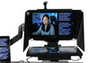Desktop Arm Model Teleprompter Flex Plus 15.6" HD-SDI and HDMI Screen PrompterPeople Setup Side Angle with Arm - Free Fly Desktop Office, work from home Teleprompter - Face with Signal Close Up