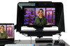 Desktop Arm Model Teleprompter Flex Plus 18.5" HD-SDI and HDMI Screen PrompterPeople Setup Side Angle with Arm - Free Fly Desktop Office, work from home Teleprompter - Face with Signal Close Up