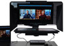 Desktop Arm Model Teleprompter Flex Plus 21.5" HD-SDI and HDMI Screen PrompterPeople Setup Side Angle with Arm - Free Fly Desktop Office, work from home Teleprompter - Face with Signal Close Up