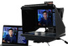 Desktop Arm Model Teleprompter Flex Plus 13.3" HD-SDI and HDMI Screen PrompterPeople Setup Side Angle with Arm - Free Fly Desktop Office, work from home Teleprompter - Face with Signal Close Up - Angled