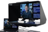 Desktop Arm Model Teleprompter Flex Plus 23.5" HD-SDI and HDMI Screen PrompterPeople Setup Side Angle with Arm - Free Fly Desktop Office, work from home Teleprompter - Face with Signal Close Up - Angled