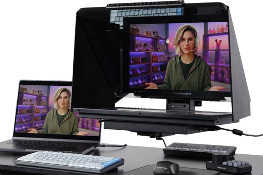 Desktop Arm Model Teleprompter Flex Plus 18.5" HD-SDI and HDMI Screen PrompterPeople Setup Side Angle with Arm - Free Fly Desktop Office, work from home Teleprompter - Face with Signal Close Up - Angled