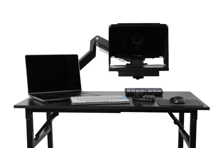 Desktop Arm Model Teleprompter Flex Plus 13.3" HD-SDI and HDMI Screen PrompterPeople Setup Side Angle with Arm - Free Fly Desktop Office, work from home Teleprompter 