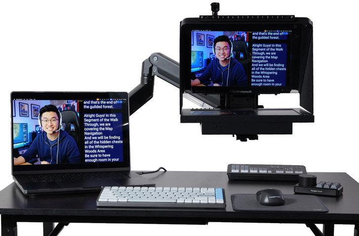 Desktop Arm Model Teleprompter Flex Plus 13.3" HD-SDI and HDMI Screen Prompter People Set up Side Angle with Arm - Free Fly Desktop Office, work from home Teleprompter - Face with Signal