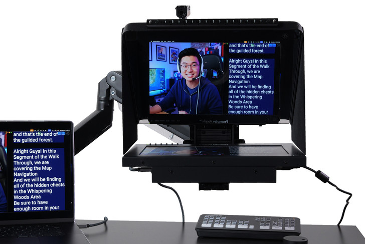 Desktop Arm Model Teleprompter Flex Plus 13.3" HD-SDI and HDMI Screen PrompterPeople Setup Side Angle with Arm - Free Fly Desktop Office, work from home Teleprompter - Face with Signal Close Up