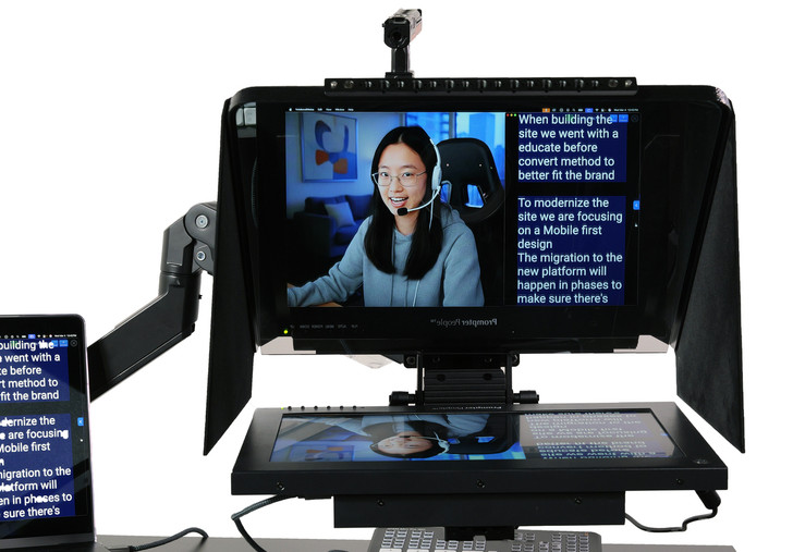 Desktop Arm Model Teleprompter Flex Plus 15.6" HD-SDI and HDMI Screen PrompterPeople Setup Side Angle with Arm - Free Fly Desktop Office, work from home Teleprompter - Face with Signal Close Up