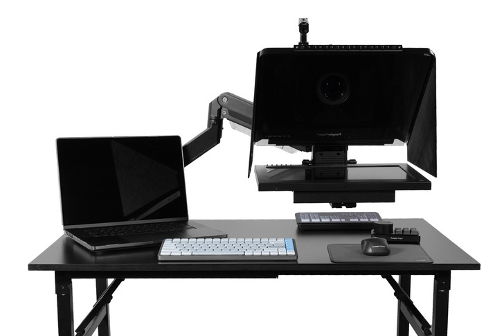 Desktop Arm Model Teleprompter Flex Plus 15.6" HD-SDI and HDMI Screen PrompterPeople Setup Side Angle with Arm - Free Fly Desktop Office, work from home Teleprompter 