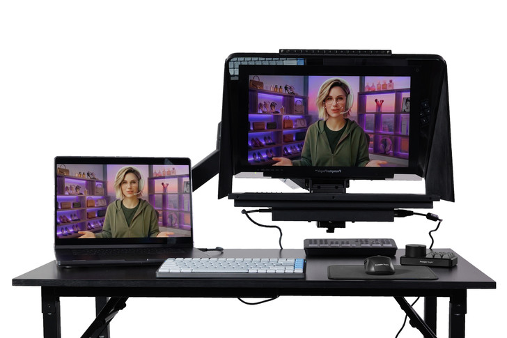 Desktop Arm Model Teleprompter Flex Plus 18.5" HD-SDI and HDMI Screen PrompterPeople Setup Side Angle with Arm - Free Fly Desktop Office, work from home Teleprompter - Face with Signal 