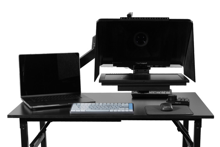 Desktop Arm Model Teleprompter Flex Plus 18.5" HD-SDI and HDMI Screen PrompterPeople Setup Side Angle with Arm - Free Fly Desktop Office, work from home Teleprompter 
