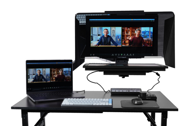 Desktop Arm Model Teleprompter Flex Plus 21.5" HD-SDI and HDMI Screen PrompterPeople Setup Side Angle with Arm - Free Fly Desktop Office, work from home Teleprompter - Face with Signal 