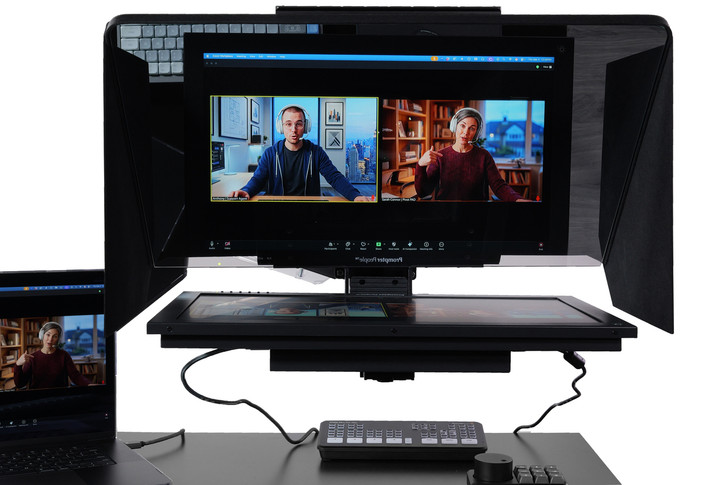 Desktop Arm Model Teleprompter Flex Plus 21.5" HD-SDI and HDMI Screen PrompterPeople Setup Side Angle with Arm - Free Fly Desktop Office, work from home Teleprompter - Face with Signal Close Up