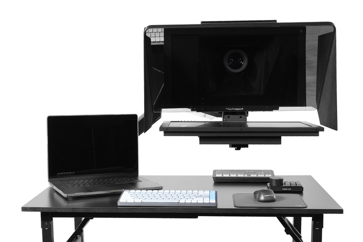 Desktop Arm Model Teleprompter Flex Plus 21.5" HD-SDI and HDMI Screen PrompterPeople Setup Side Angle with Arm - Free Fly Desktop Office, work from home Teleprompter 